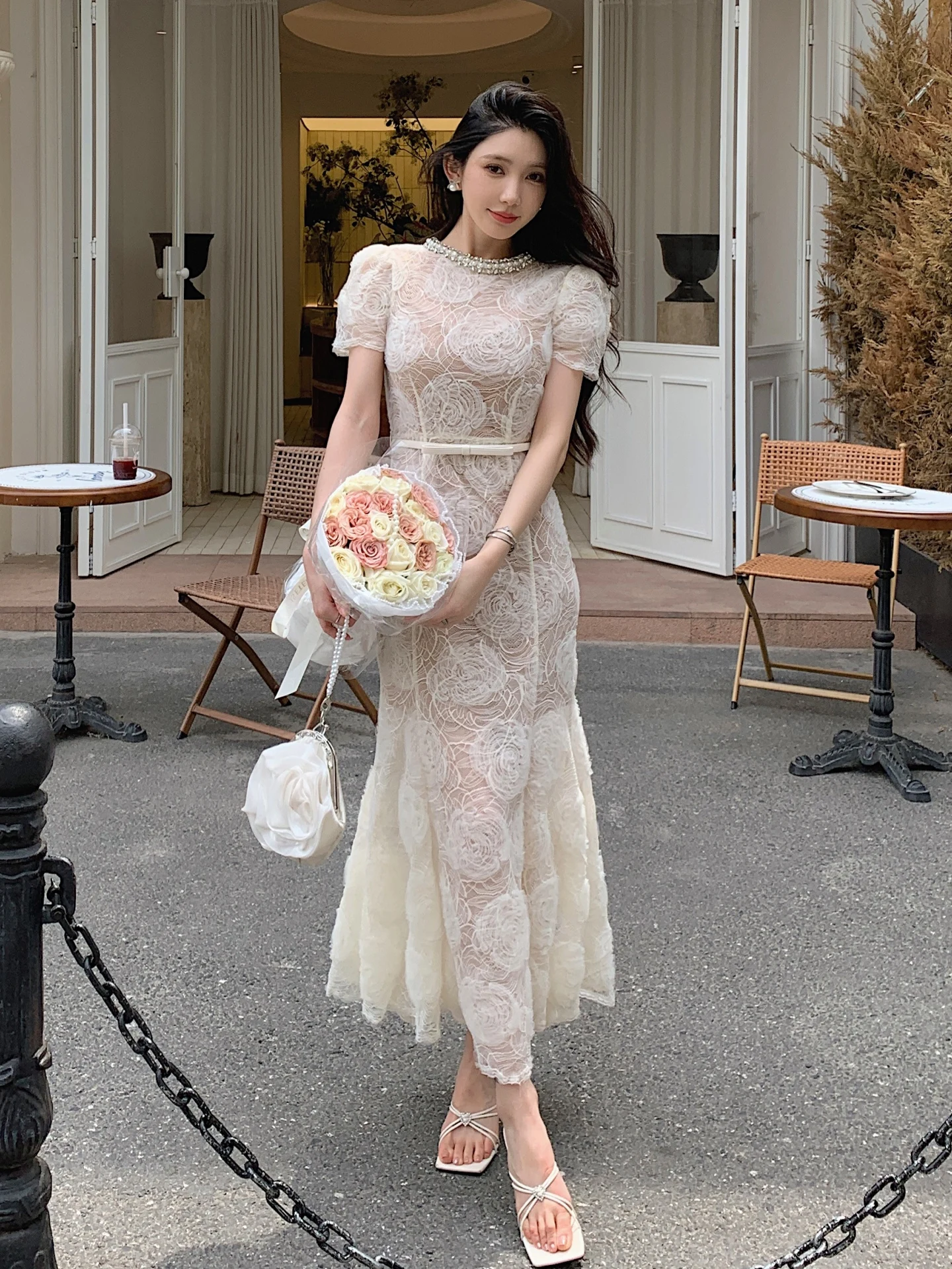 Vestidos largos formales de cristal con cuello de cadena de perlas de lujo para mujer, Vestidos de encaje de verano con cola de pez, Vestidos de sirena bordados para fiesta