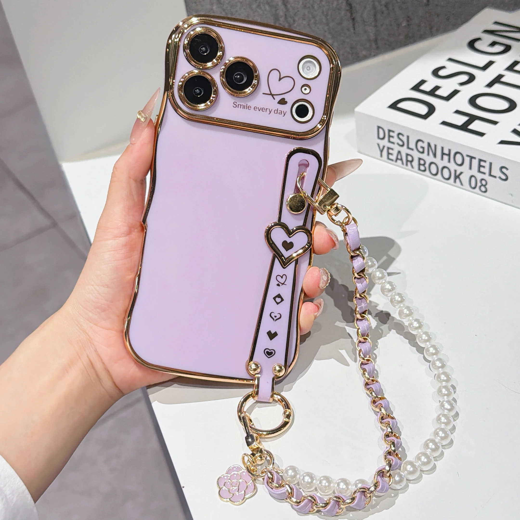 

Electroplated Love Wave Wristband Chain Phone Case for iPhone 17 Pro Max 16 Plus 15 14 13 12 Anti-drop Full Lens Coverage Cover