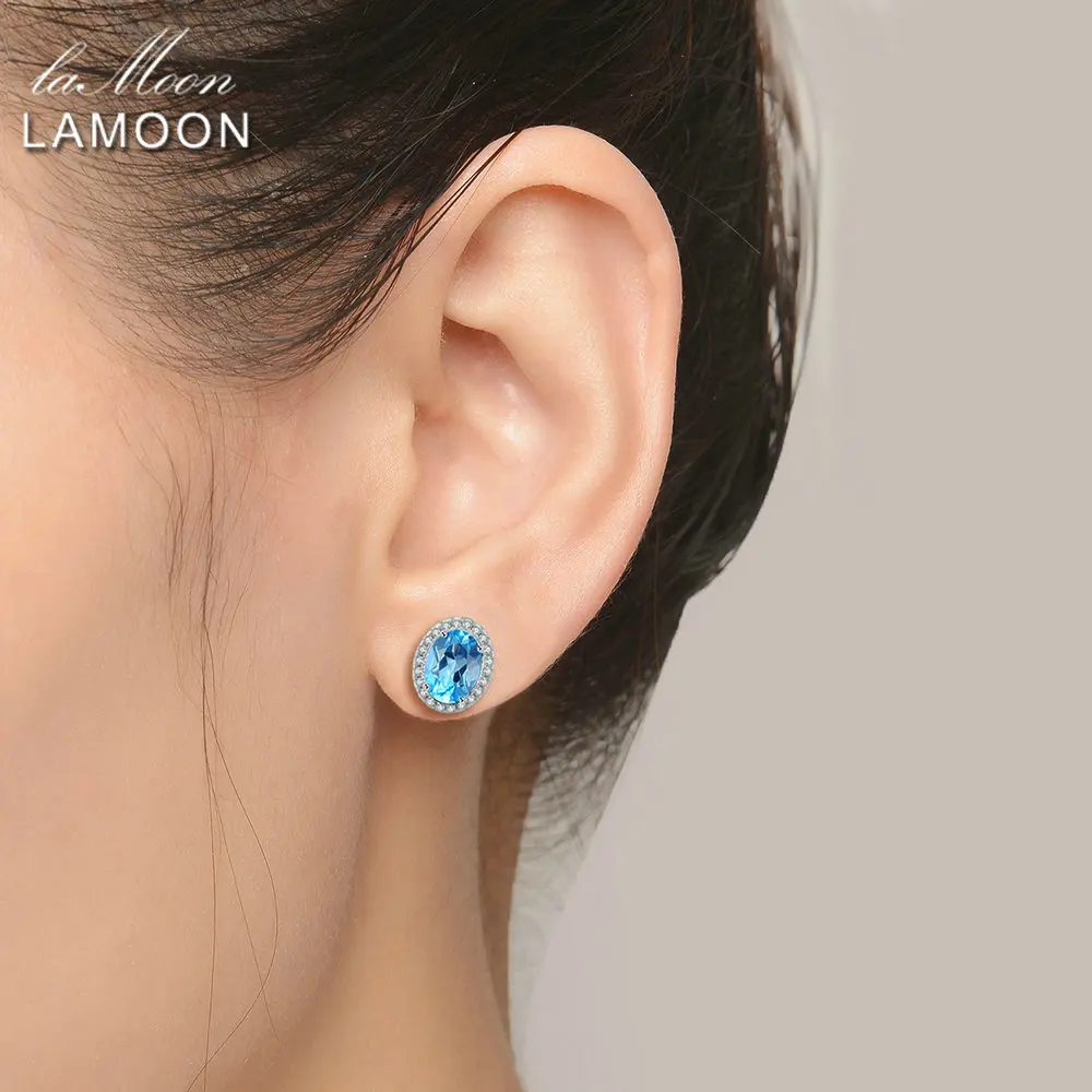 LAMOON Natural Topaz Earrings For Women Gemstone Earring Blue Stone 925 Sterling Silver White Gold Plated Wedding Jewelry EI020