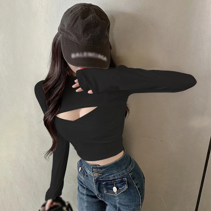 Women  Y2k Sexy Hollow Top Solid Cilir Suspender Round Collar Long Sleeve New Cross Female T Shirt