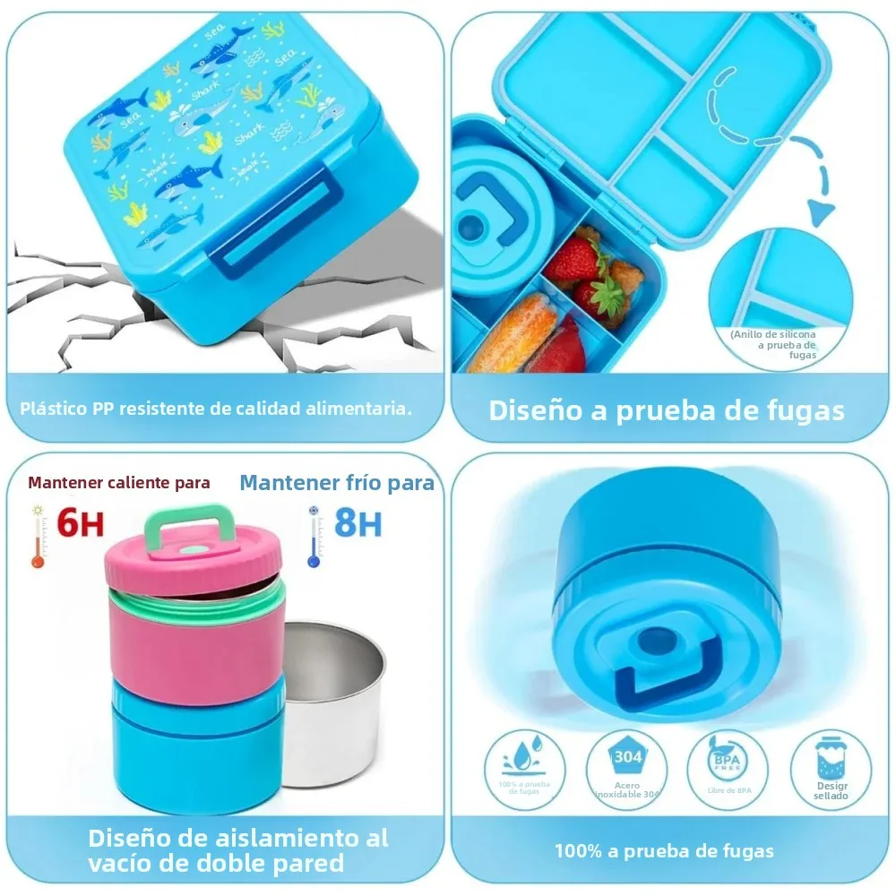Bento Lunch Box with Soup Thermo Jar, Leakproof 4 Compartment Lunch Food Containers, Thermo Insulated Hot Food Jar for School