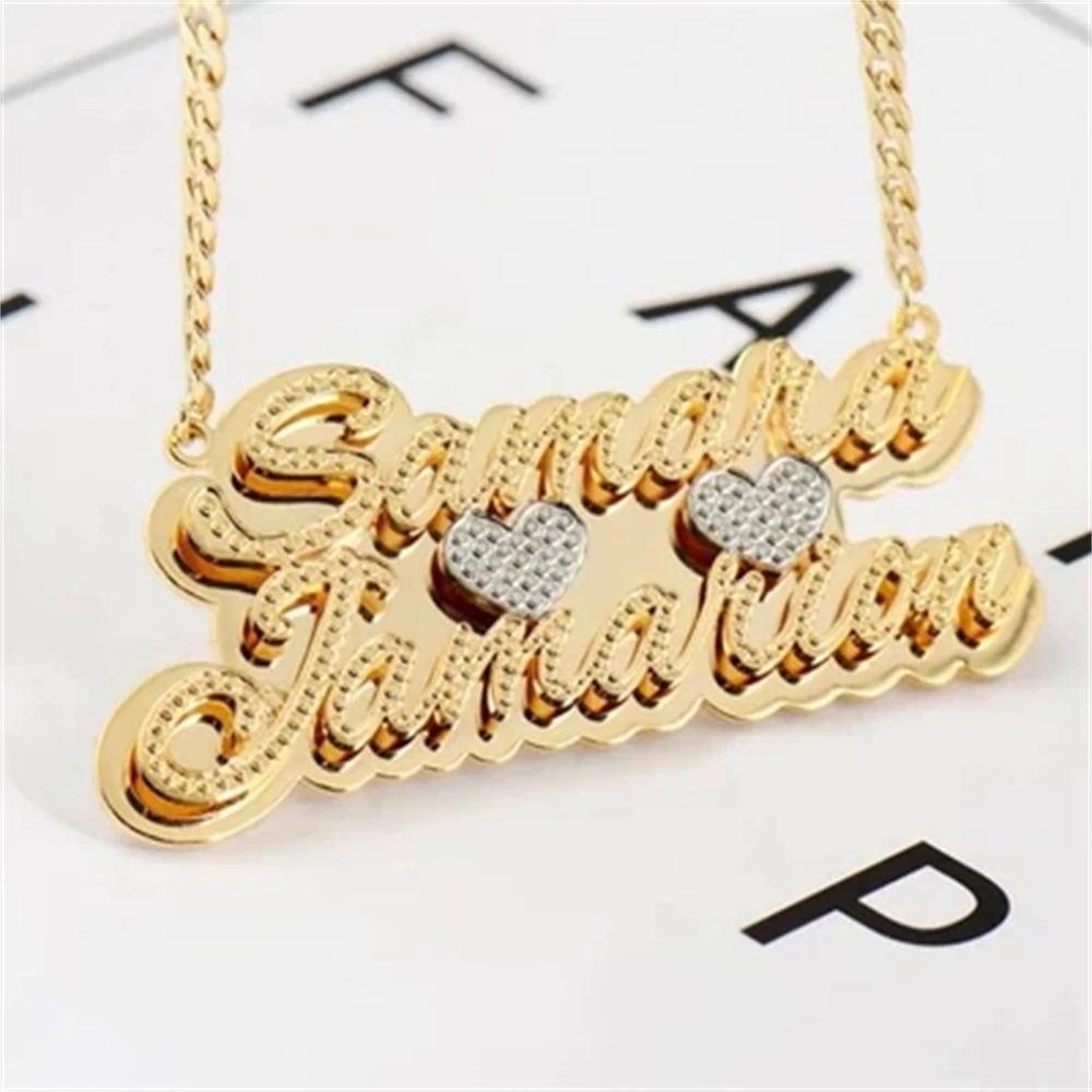 

Personalized Double Plate Two Tone Heart Custom 18K Gold Plated Name Necklace Christmas Gift For Woman Pendant Hip Hop Jewelry