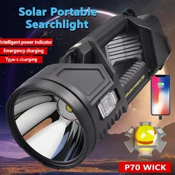 O mais poderoso XHP70 LED Solar Searchlight, luz de trabalho ao ar livre, lanterna LED multifuncional, USB recarregável, lanterna de acampamento