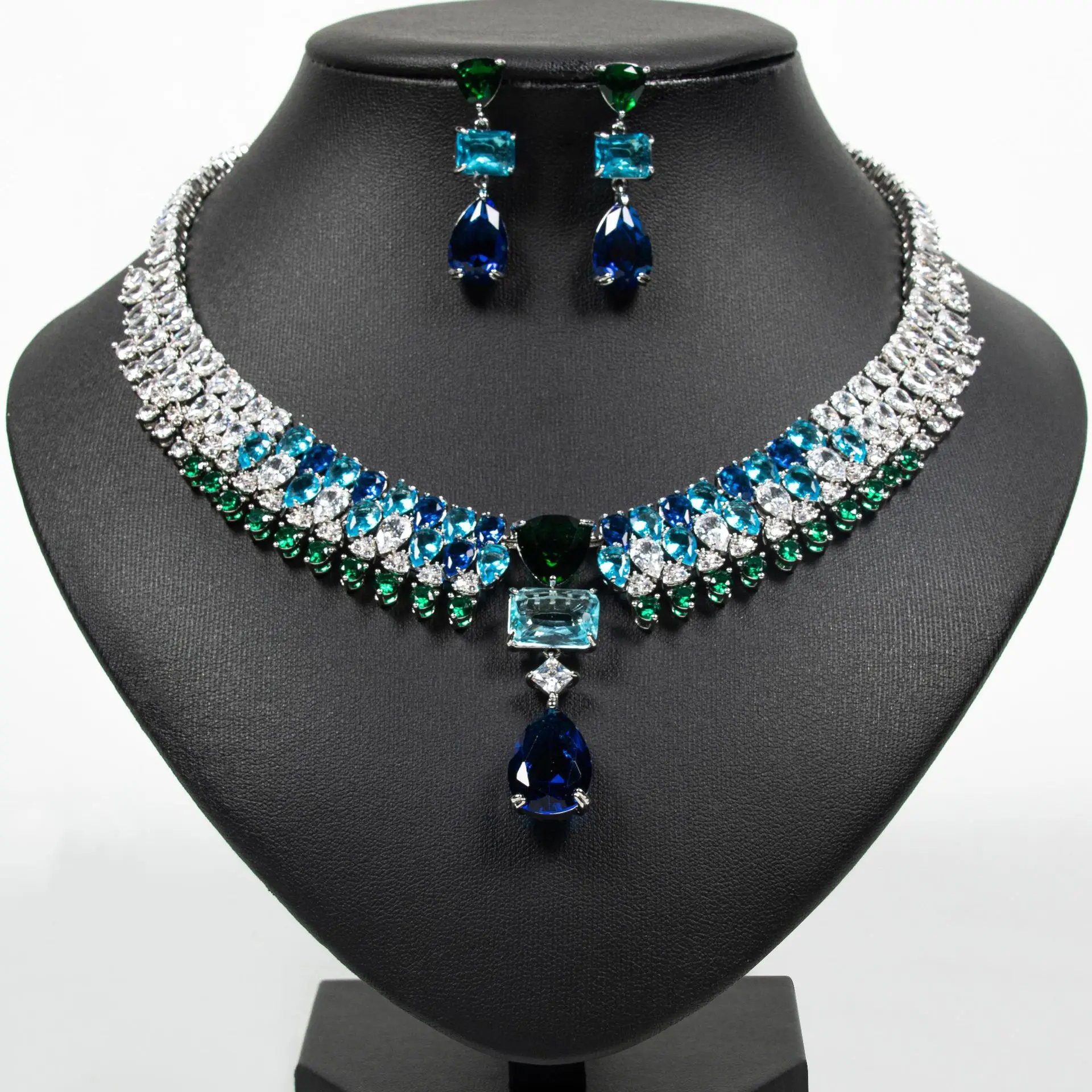 Luxury Multi-colour Jewellery Teardrop Zirconia Women's Summer Necklace Earrings Accessory Set Party Prom Dinner Festivals M-355