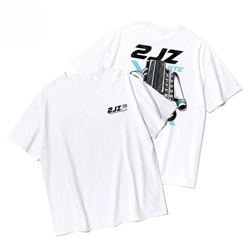 2JZ Turbo Engine Printing Classic JDM Culture Men's and Women's Short Sleeve Cotton Crew Neck Sports T-Shirt Daily Casual Wear