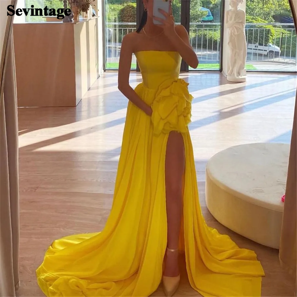 

Sevintage Bright Yellow Satin Mermaid Evening Dresses 3D Flower High Side Slit Party Prom Dresses Robe de soirée for women 2023