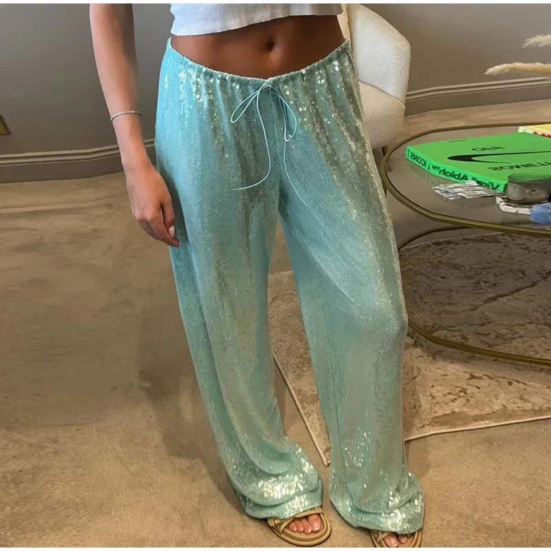 Fashion Solid Sequined Straight Pants For Women Loose High Waist Wide Leg Trousers Lady Summer Chic  High Street Pants