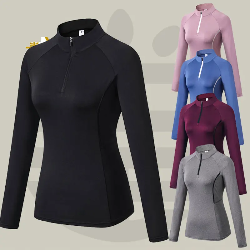 Women Sports Long-Sleeved Fitness Running Yoga Wear High-Elastic Tight-Fitting Clothes Training Casual Stand Collar Sweatshirts