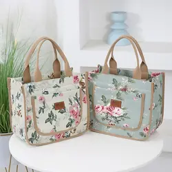 Aesthetic Floral Print Lunch Bag Insulated Large Capacity Lunch Bag Thermal Cooler Handbag For School Work Travel Picnic