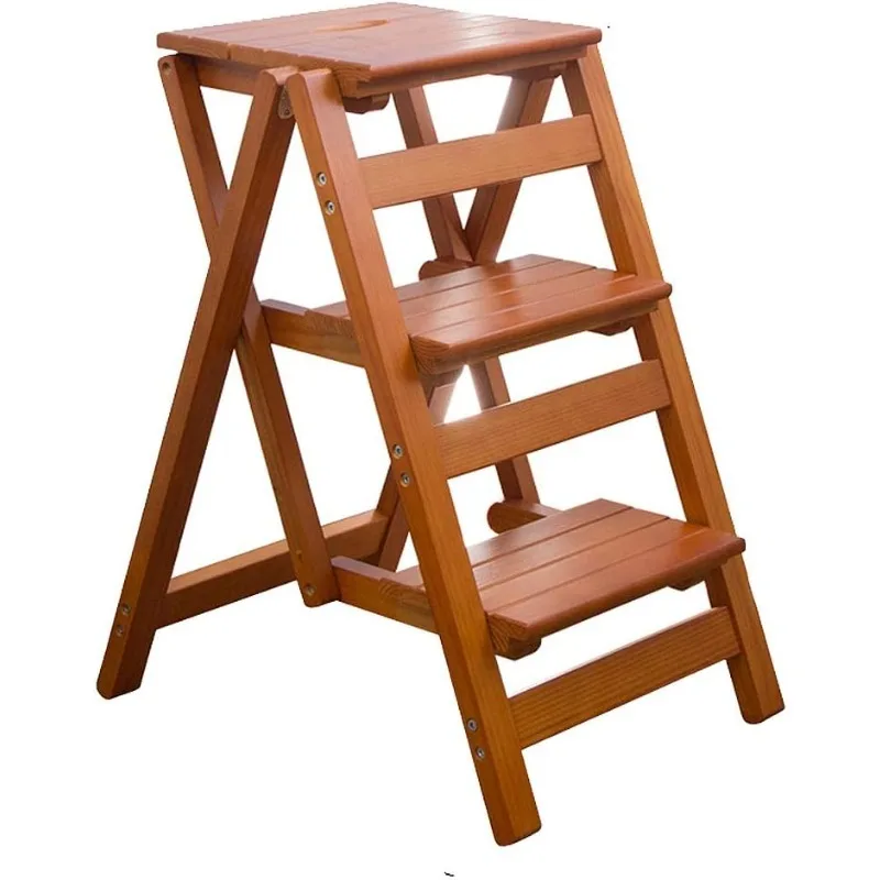 

Step Stool for Adults/Step Ladder/Counter Chair, 3-Step Folding Portable Wooden Ladder, Anti-Slip & Lightweight Nut - Brown