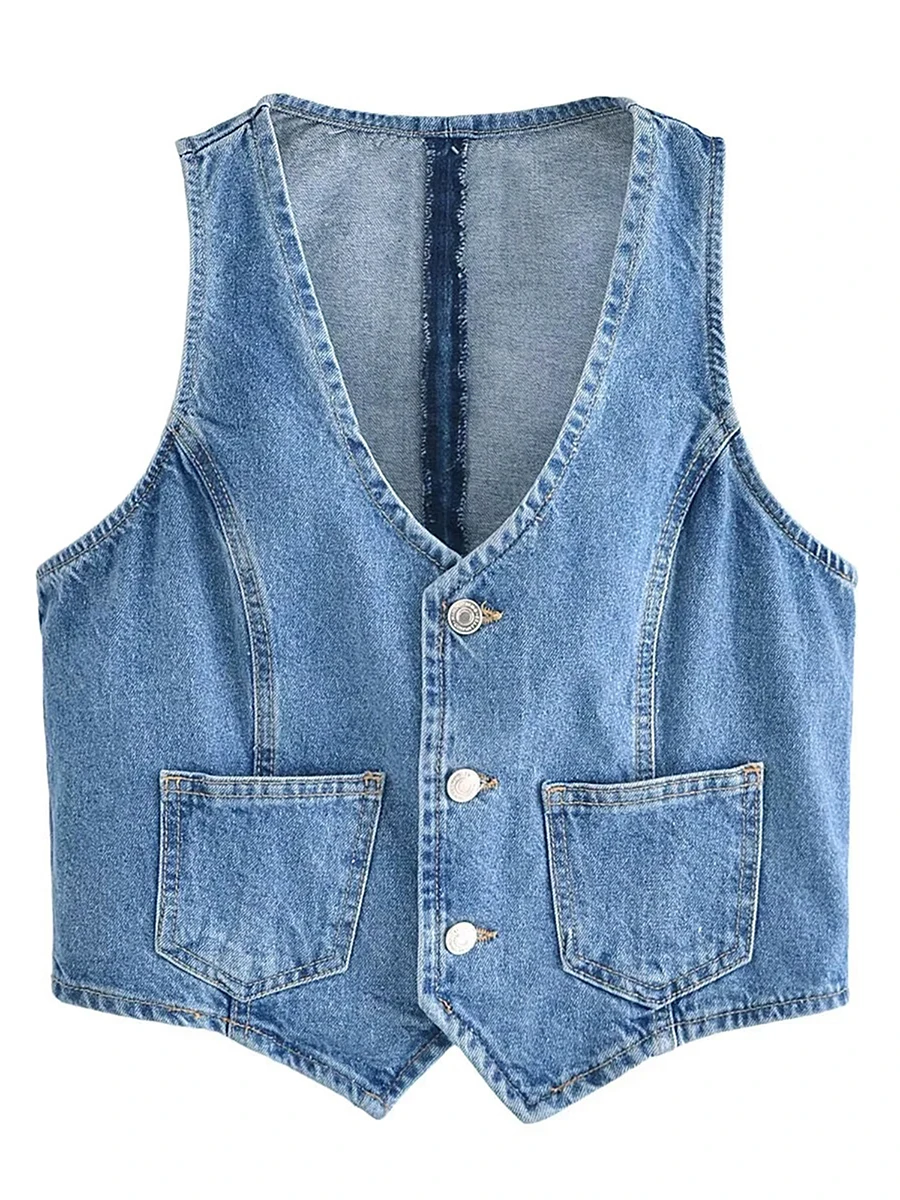 Women Denim Vest Sleeveless V Neck Button Vest Outwear Gilet with Pockets for Casual Street