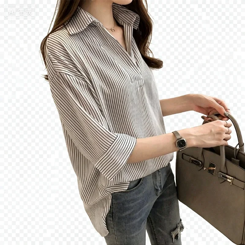 Women Vertical Striped Lapel Shirt Half Placket Three Quarter Sleeve Loose Casual Blouse Tops