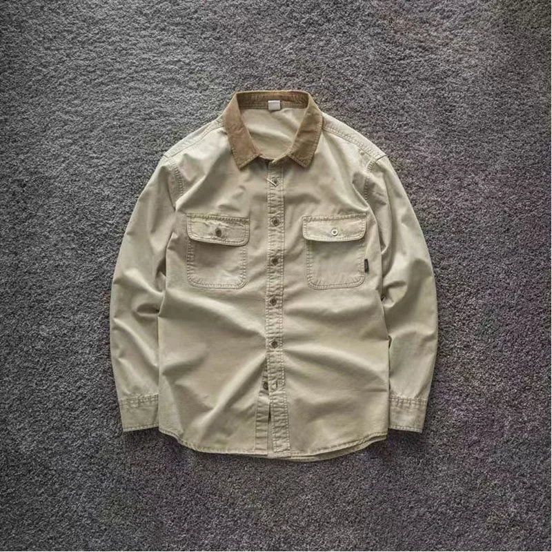 American Retro Workwear Style Shirt For Men Autumn Casual Fashion Loose Corduroy Lapel Patchwork Pocket Design Male Shirts