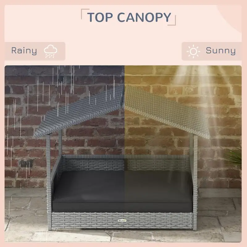 بيت كلب من الخيزران مع مظلة، سرير كلب من الخيزران مع وسادة مقاومة للماء للكلاب الصغيرة والمتوسطة، مأوى للحيوانات الأليفة باللون الرمادي في الهواء الطلق