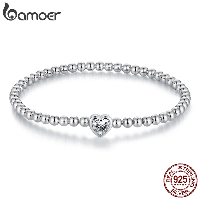 

Bamoer, весенний браслет из стерлингового серебра 925 пробы с сердечком, регулируемый браслет с фианитом, круглая бусина, толстая цепочка для женщин, минималистичный декор на запястье