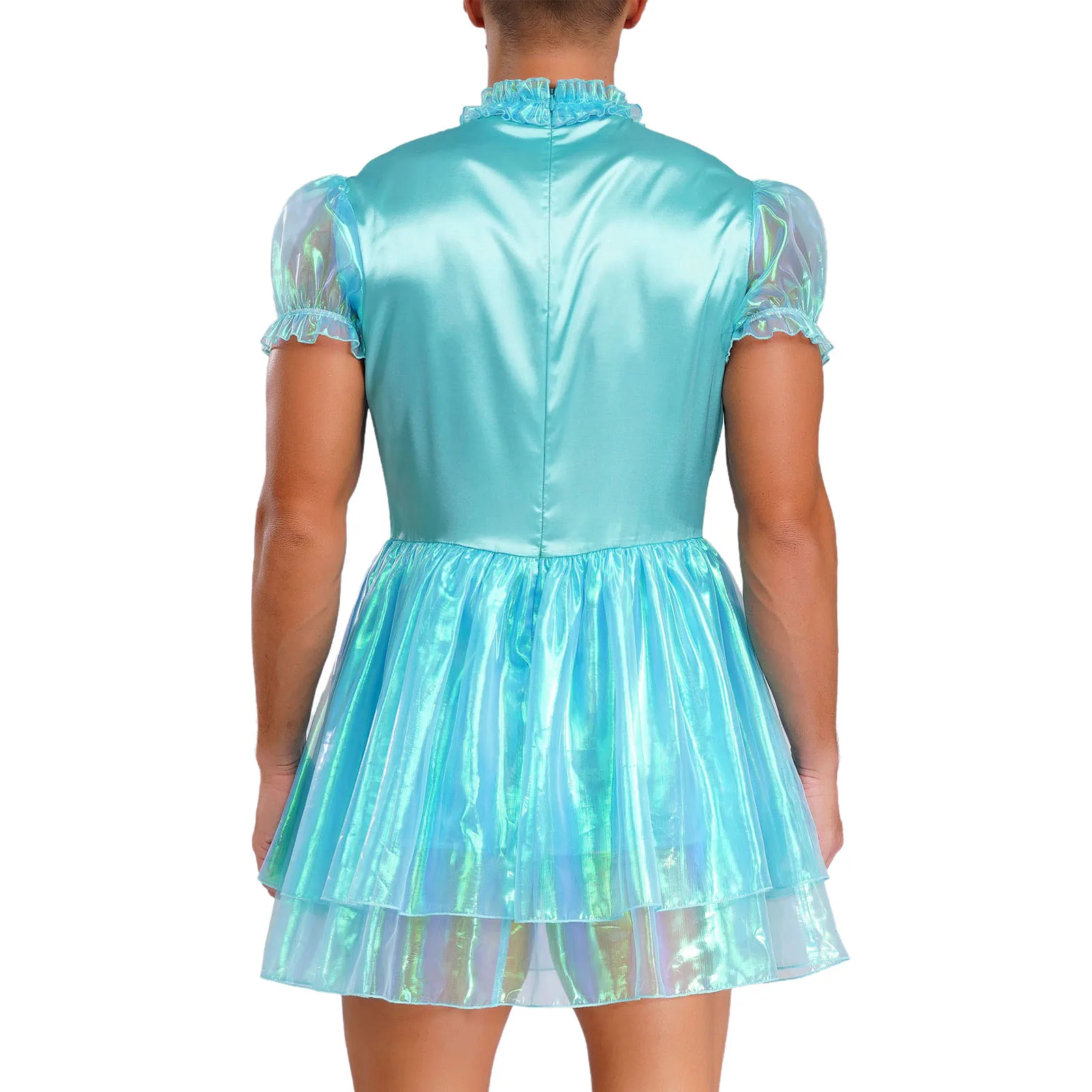 فستان رجالي سيسي خادمة قصير الأكمام منتفخة مكشكش سباركلي شير الطبقات ألف خط فستان كروسدرسر لعب الأدوار الملابس الداخلية زي