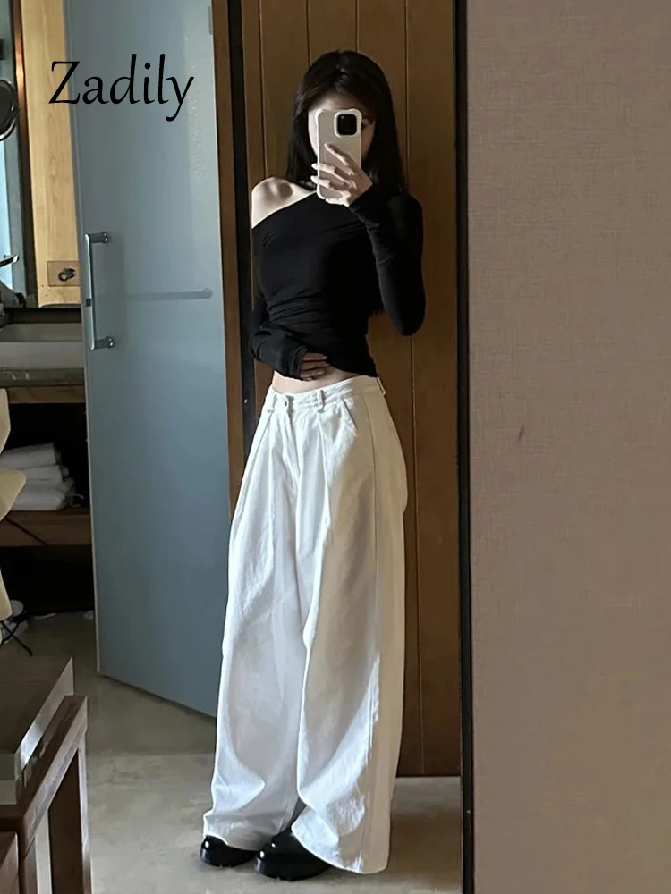 Sexy Skew Collar Women T Shirt 2025 Spring New Korea Style Long Sleeve Solid Color Women's Top Tee Casual Bottoming Clothing