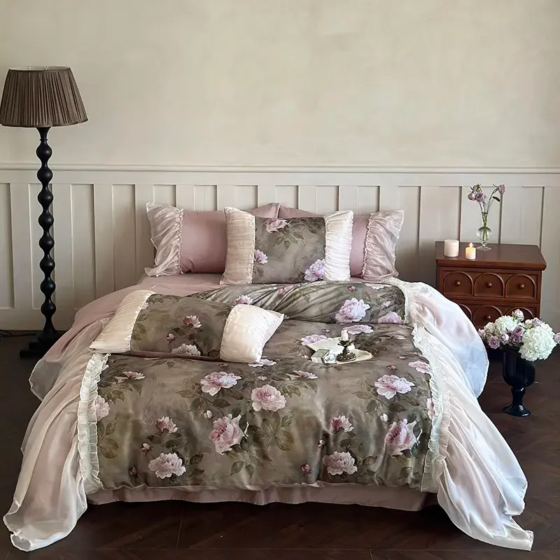 Flower Digital Printing Bedding Sets Luxury Egyptian Cotton Lace Ruffles Princess Duvet Cover Bed Sheet Pillowcases Home Textile