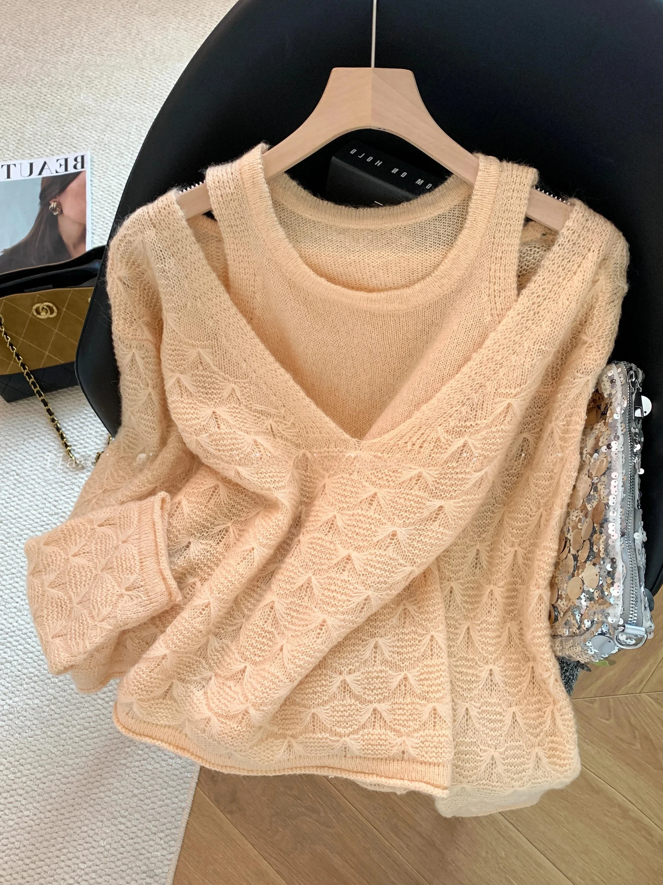 

Women's Autumn Winter Knitted Hollow out Long Sleeve Sweater Two Piece Set Slimming Style Commute Korean Version Straight Cut