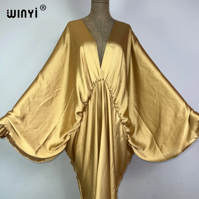 WINYI baju renang monokrom elegan baju pantai wanita baju V-neck musim panas pakaian wanita mode gaun panjang Bawah