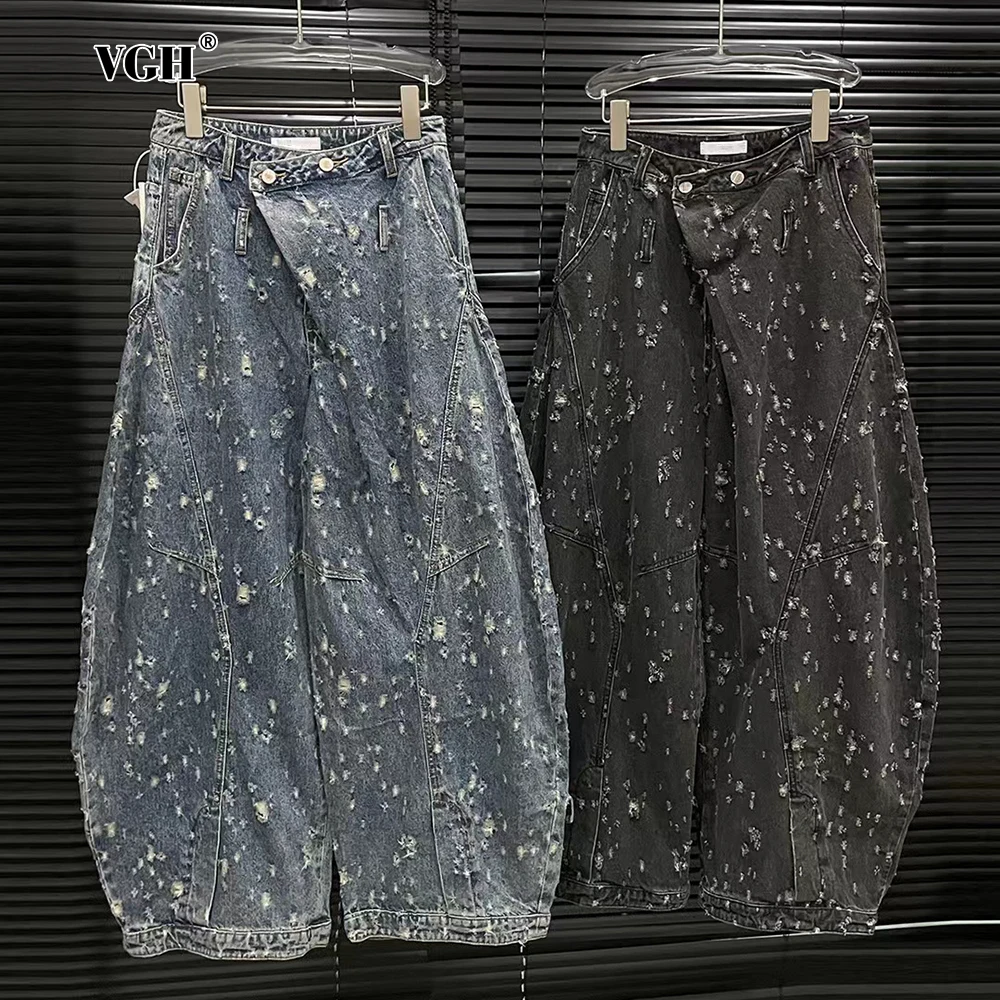 

VGH Hollow Out Solid Spliced Button Denim Trousers For Women High Waist Patchwork Pockets Streetwear Loose Bloomers Female New