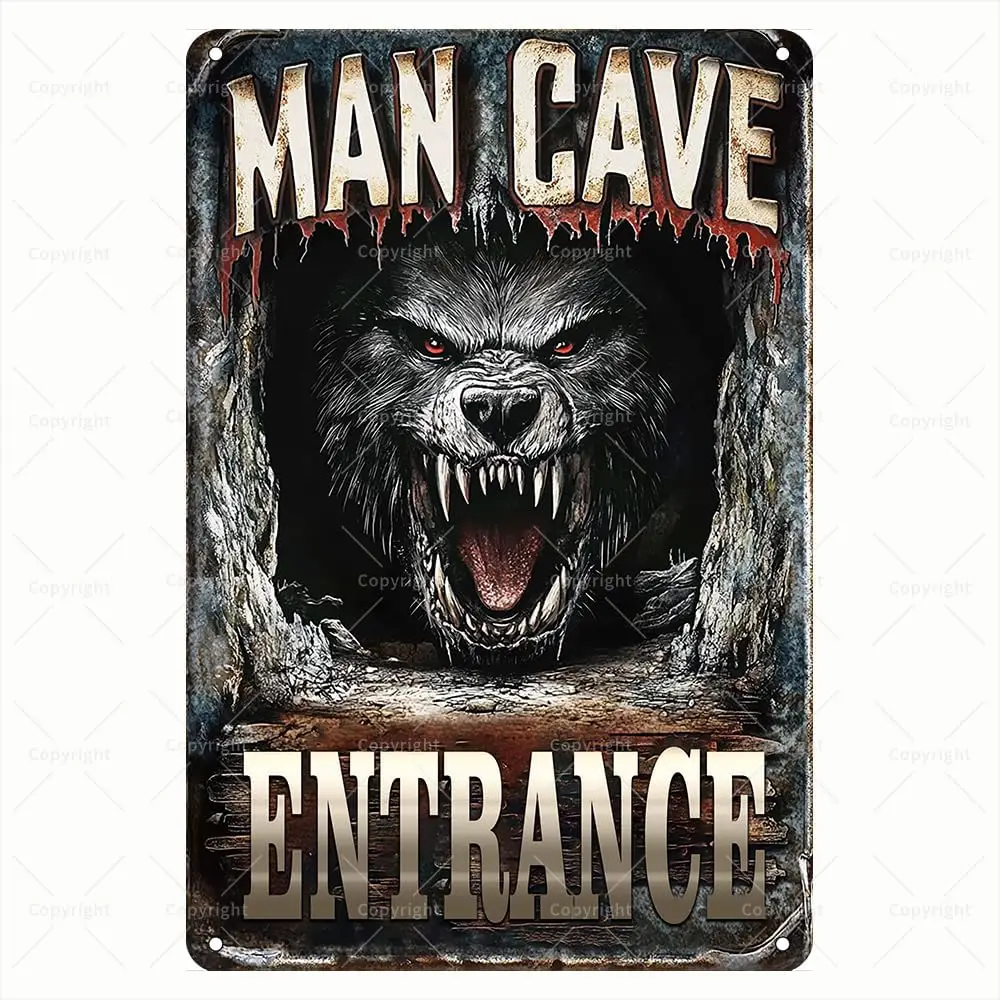 Vintage Tin Sign - Man Cave Entrance Howling Werewolf with Red Eyes Design Retro Metal Sign - Inspirational Tin Sign for Man Cav