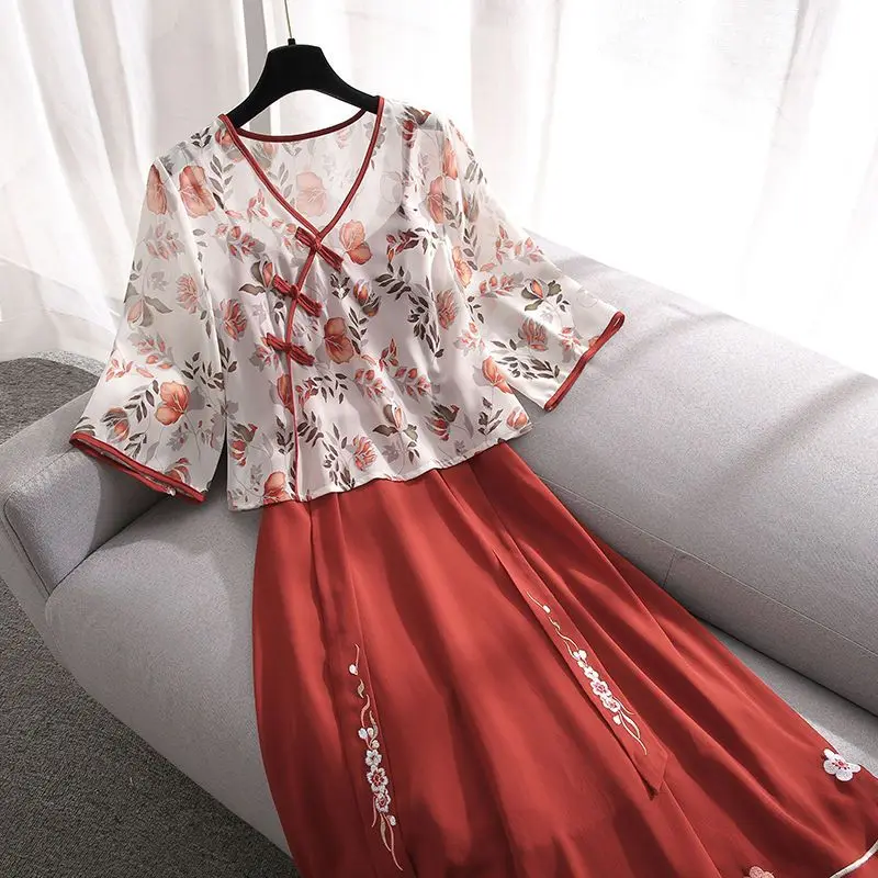 Vintage Chinoiserie Printed Short Sleeve T-shirt Sexy Suspender Chiffon Dress Two-piece Elegant Women Party Dress Summer Outfits
