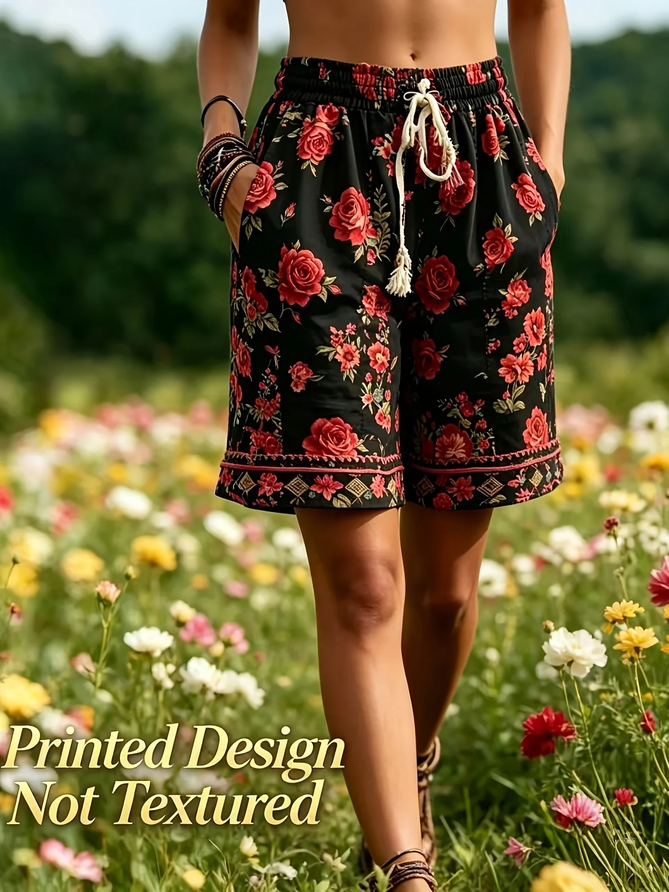 Spring and Summer Vintage Printed Bohemian Style Women's Shorts/For Vacation/Getaway by the Sea/Relaxed and Casual Style/Breathable and Comfortable Fabric/For Prairie/Desert/Camping/Parties/Daily Wear/Parties/Casual Outings/Multi-Scenario Adaptable