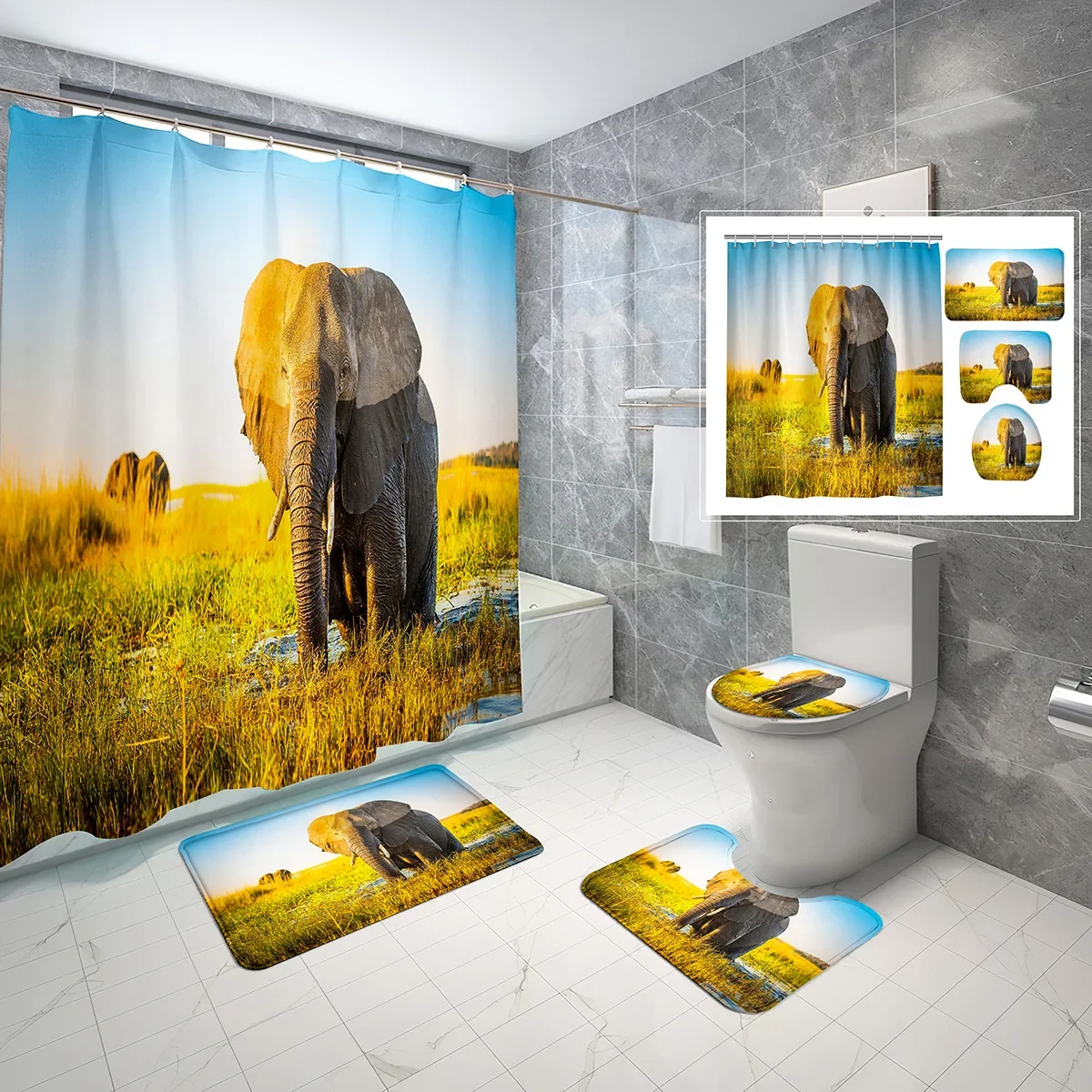 

Комплект из 4 предметов: шторка для душа с изображением слонов, нескользящий коврик для ванной, чехол на крышку унитаза, водонепроницаемая шторка для душа с крючками