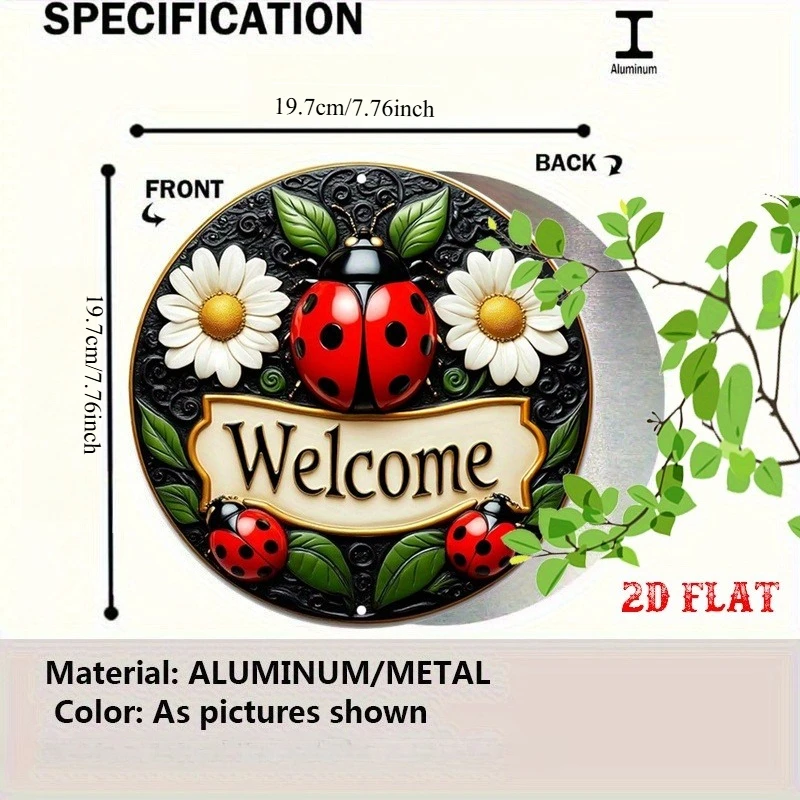 2D Flat, Garden Invite Round Aluminum Sign, Ladybug Design Metal Tin Sign - Welcome Sign Rustic Metal Wall Art, Metal Decor