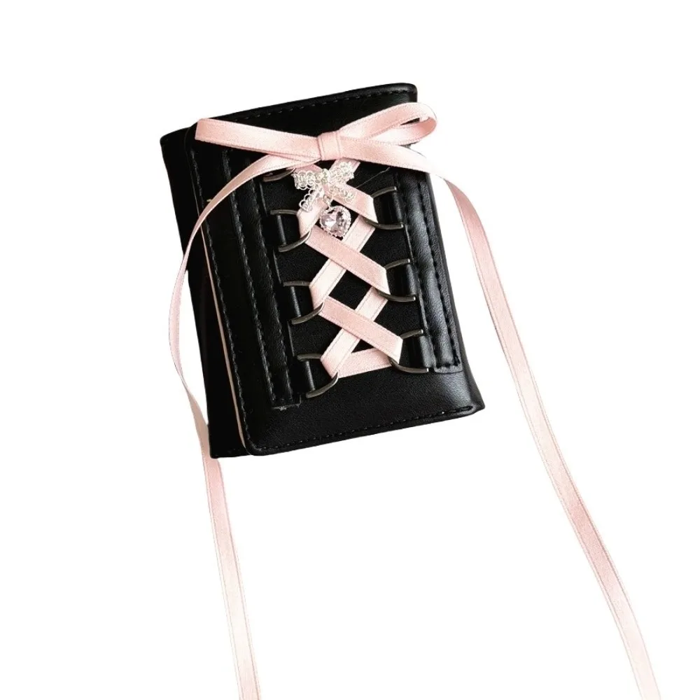 

Korean Style Balletcore Three Fold Wallet Heart Crystal Silk Ribbon Bow Cash Purse Bag PU Leather Short