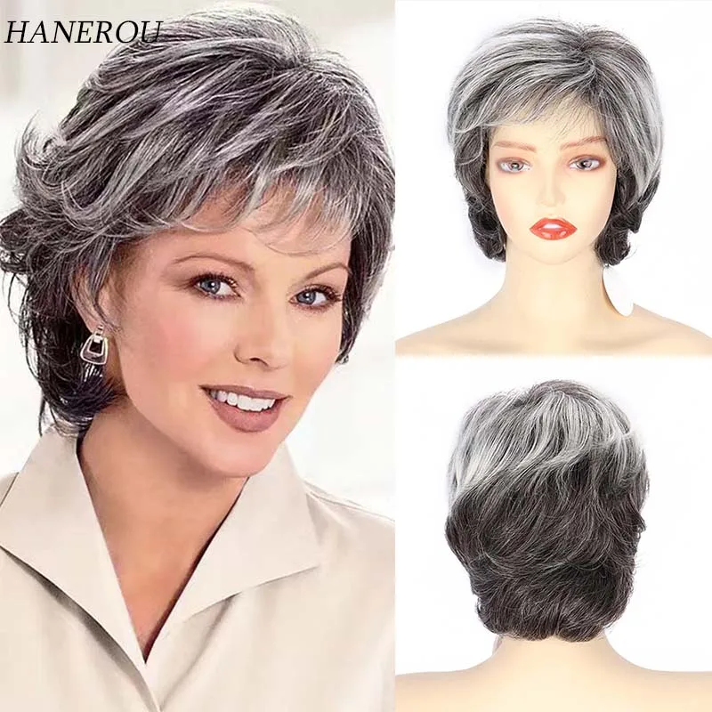 

Synthetic Short Gray Pixie Cut Layered Wigs for Back Women Daily Party Cosplay Use Fake Hair