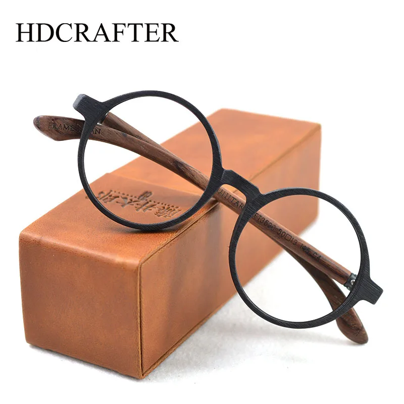 HDCRAFTER Retro Round Natural Wood Eyeglasses Frame Men Women Computer Prescription Optical Glasses Spectacle Frame FT3590