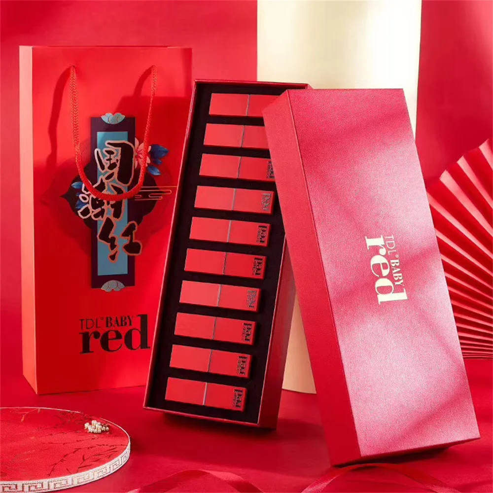 10pcs/set Retro Chinese Style Red Sexy Lip Color Lipstick Set Matte Lipstick Lasting Non Fading Color Gift Box Set Box Cosmetics