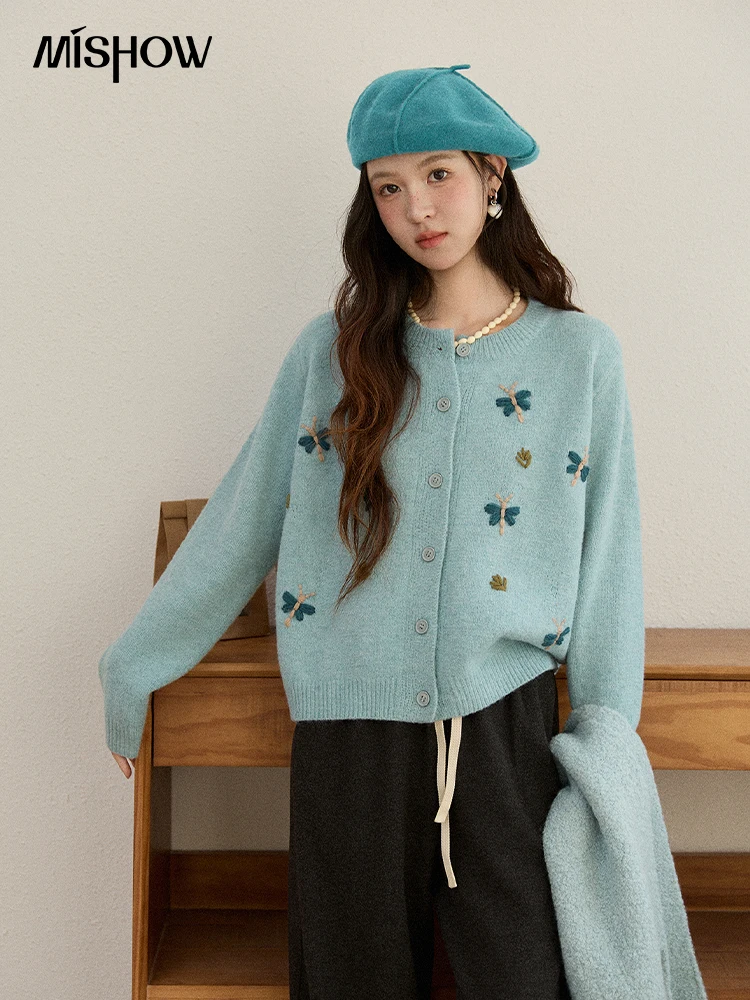

MISHOW Women's Knit Cardigan 2025 Winter Fashion Blue Butterfly Embroidered Sweater Casual O-neck Long Sleeved Top MXE90Z2818