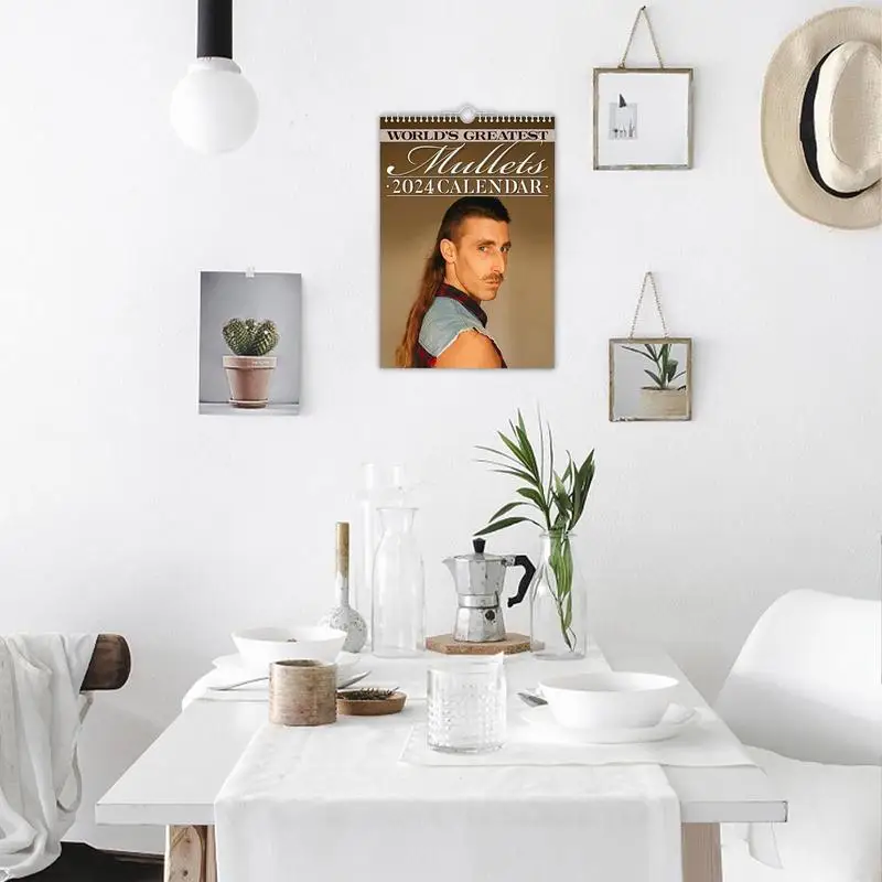 Calendario de pared mensual, Mullets divertidos, estilo de pelo fresco, regalos de Año Nuevo, medias embutidoras, recuerdos de fiesta, 2024