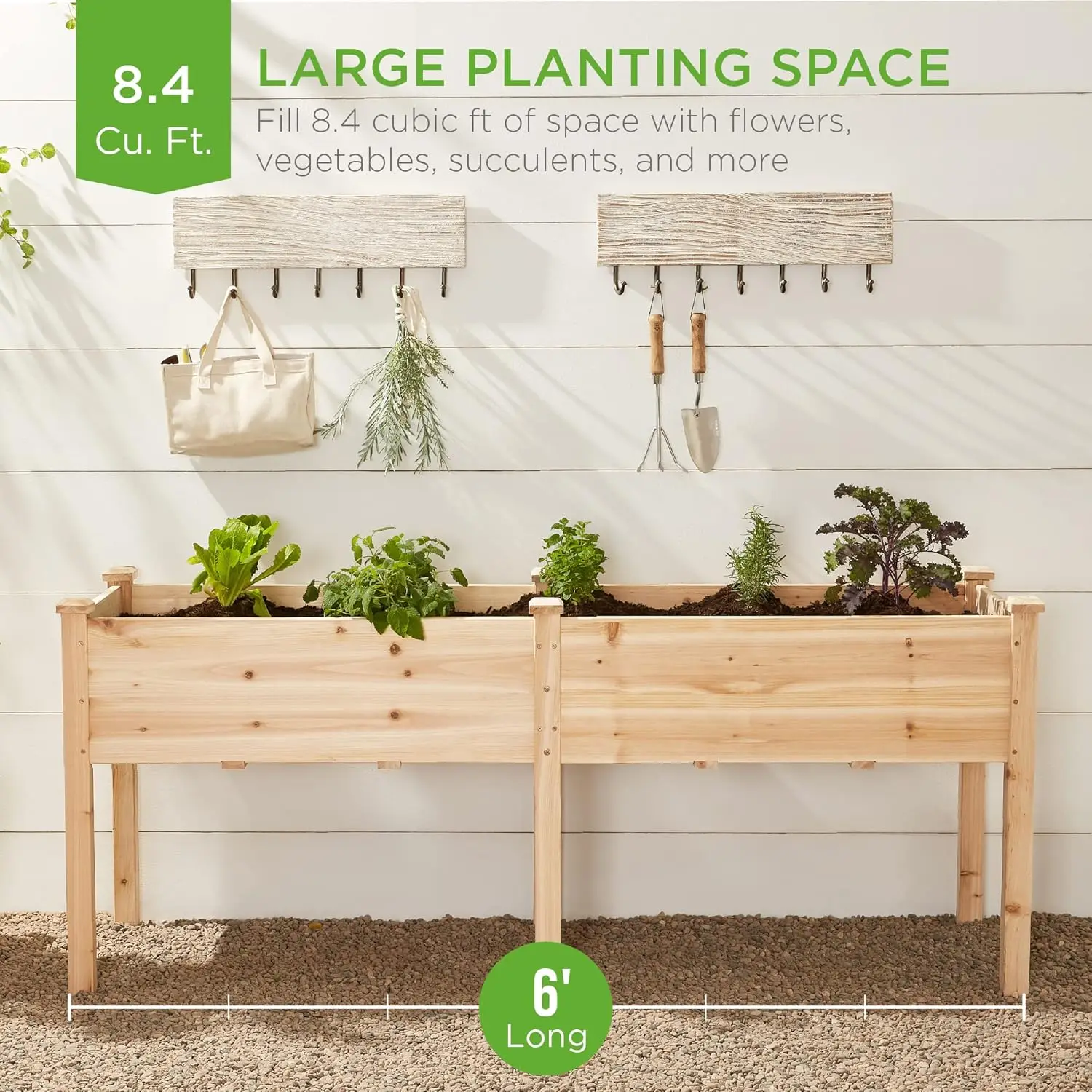 Outdoor Elevated Wood Planter Box with Divider Panel and 6 Legs, 300lb Capacity - Natural