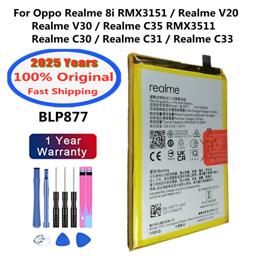 New Original Battery BLP877 For OPPO Realme 8i RMX3151 V20 V30 C35 RMX3511 C30 C31 C33 5000mAh Mobile Phone Bateria Battery