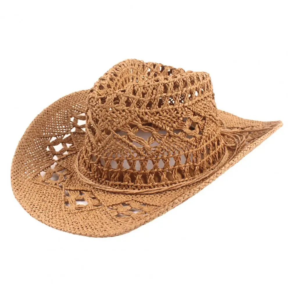 Cowboy Hat Classic Vintage Hollow Out Unisex Curled Edge Wide Brim Men Sun Hat Fishing Hat Handmade Cowboy Straw Hat Women Men