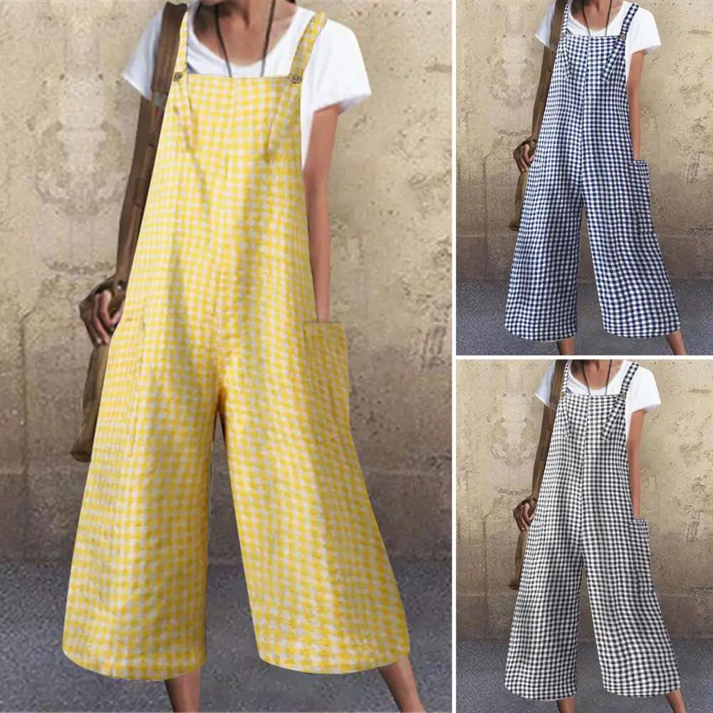 2022 Summer Jumpsuit Big Pockets Casual Loose Type Contrast Color Plaid Print Wide Leg Women Romper Daily Clothes