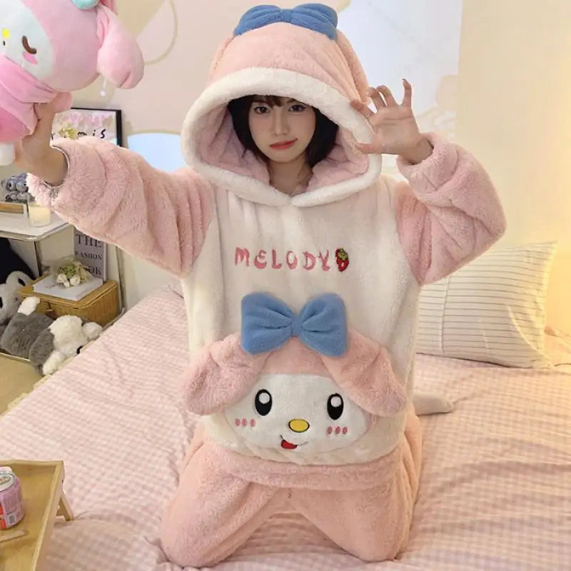 Kawaii Kuromi Cinnamoroll Pochacco Home Clothes Nightgown Anime Cartoon Autumn Winter Girl Coral Fleece Loungewear Pajamas Set