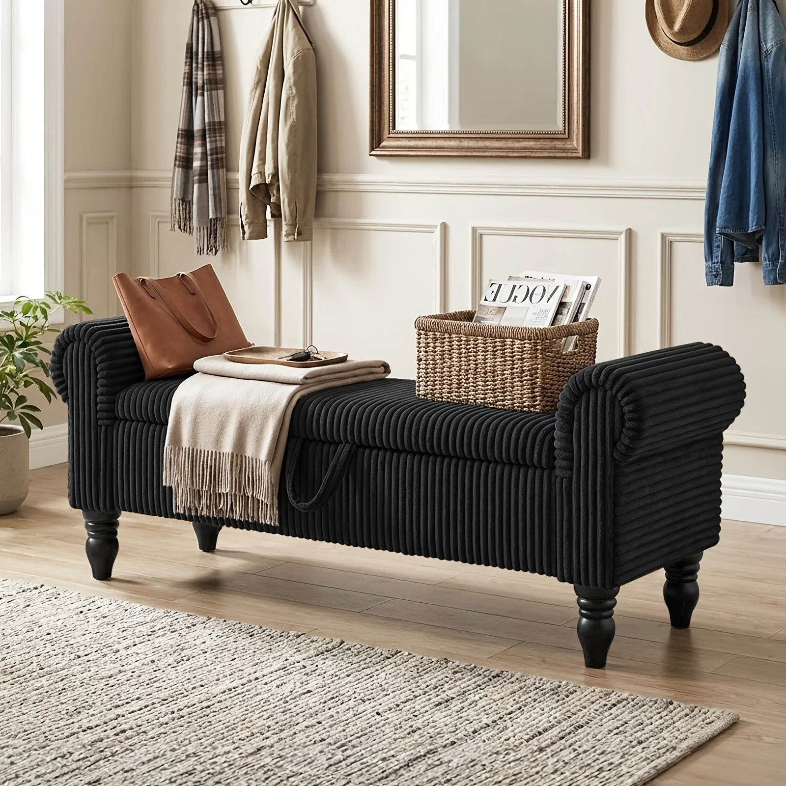 

Мягкая скамья-пуф для хранения вещей в спальне, прикроватная, с подлокотниками, из вельвета и льняной ткани, длинная скамья-оттоманка для сидения у окна