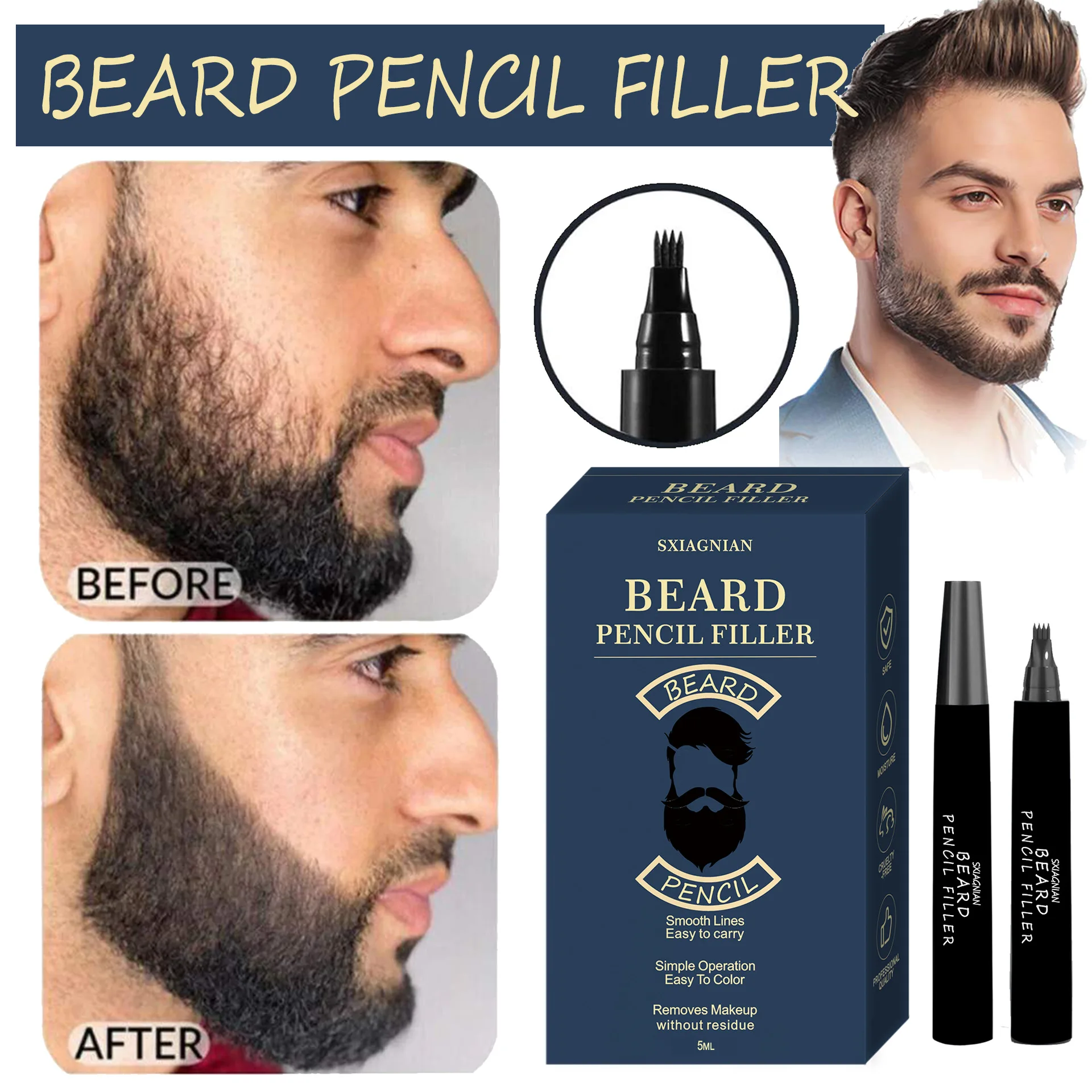 Beard Filler Pen Natural Sweat Resistant Quad Fork Beard Pen 5 Piece Set Beard care products