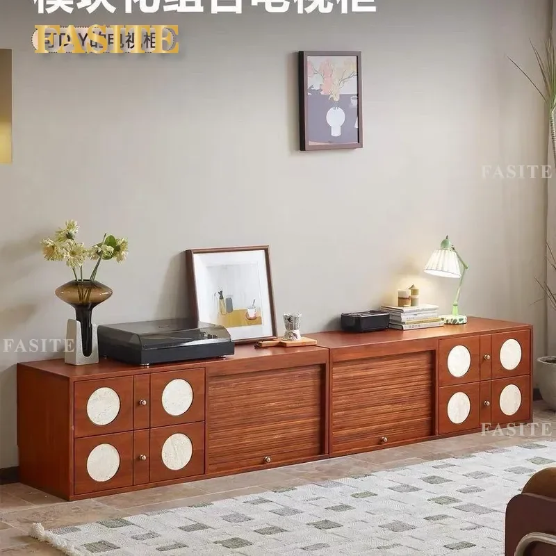Vintage French Solid Wood TV Cabinet Small Apartment Living Room Floor Storage Unit Retro Media Console Locker Integrated