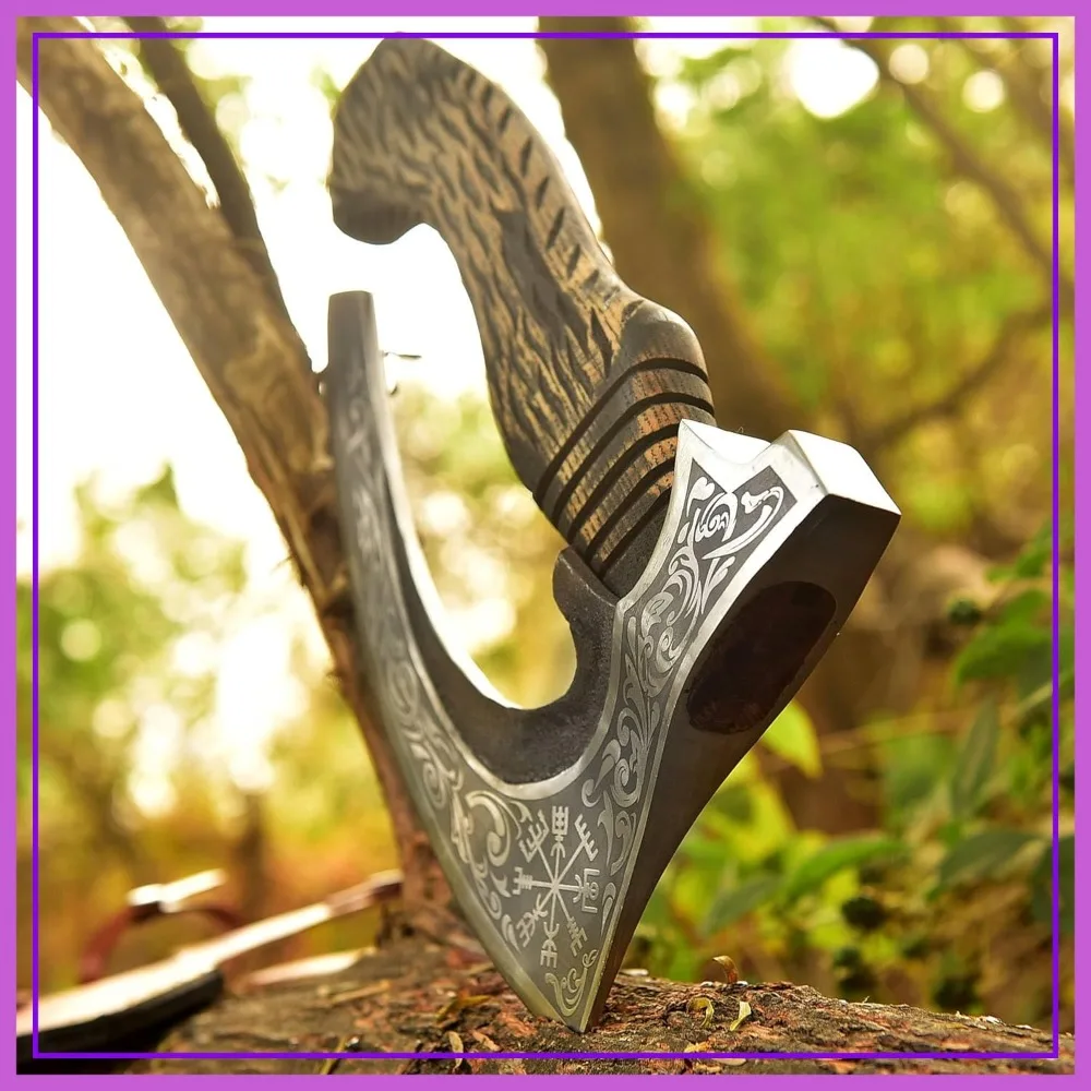 

Viking Pizza Cutter Hatchet Axe - Carbon Steel Slicer with Leather Sheath, Premium Oven Accessory for Camping & Hunting