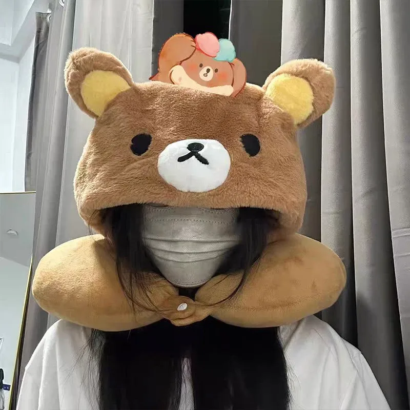 Rilakkuma – oreiller cervical en peluche à capuche en forme de U, doux et moelleux, compagnon de voyage pour la chaleur, cadeau de sieste au bureau d'hiver
