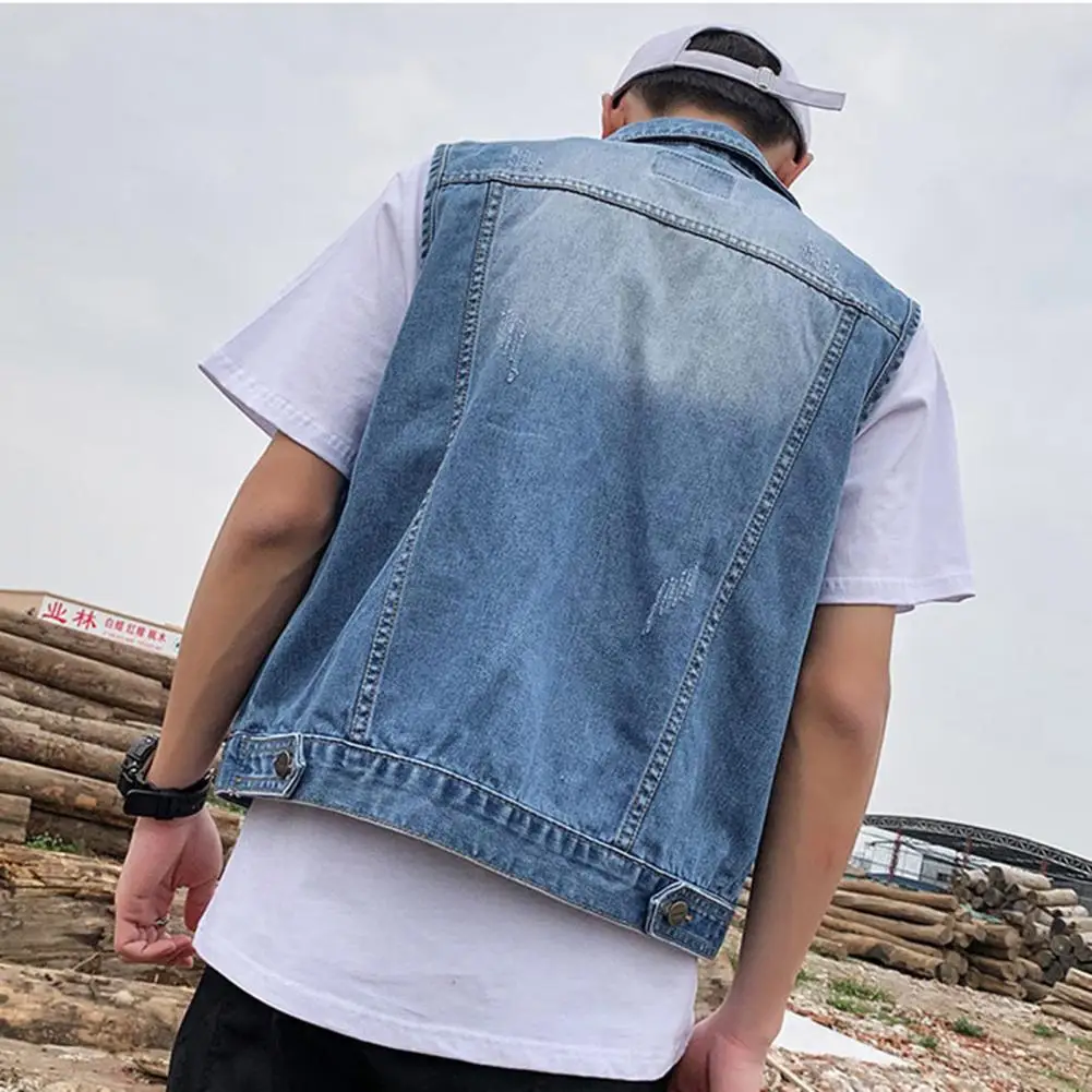 Men's Fashion Denim Jacket Lapel Vest Sleeveless Ripped Holes Pockets Design Single Breasted Washed Loose Fit Casual Waistcoat