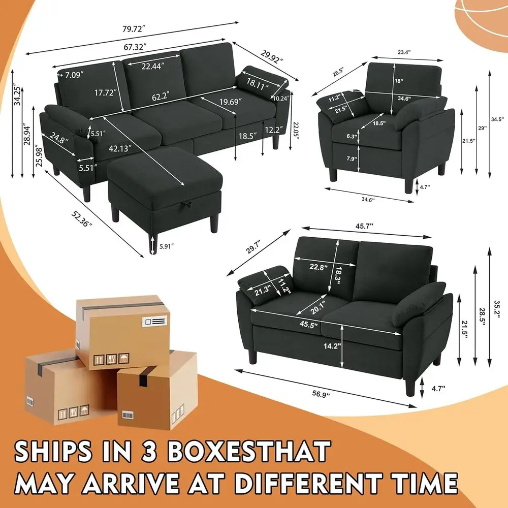 طقم أريكة مقطعية قابلة للعكس مكون من 4 قطع من الكتان، أريكة صغيرة على شكل حرف L، 3 مقاعد، مقعدين، كرسي بذراعين للمعيشة والمكتب