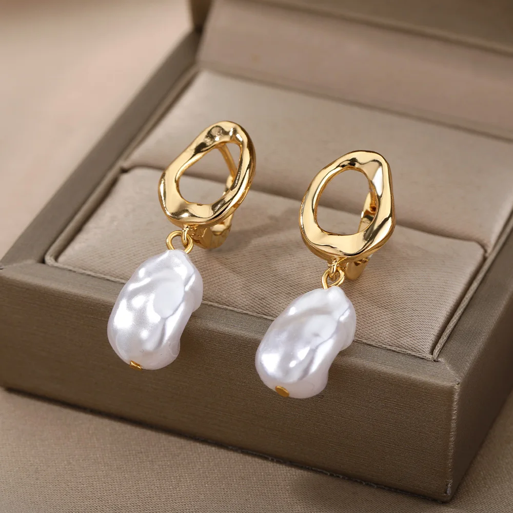Imitation Pearl Bow Earrings for Women Stainless Steel Gold Color Geometric Cross Earrings Fashion Wedding Jewelry Christmas
