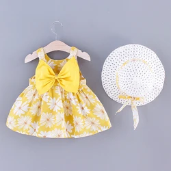 Baby Girl Dress Summer Bow And Full Print Daisy Pattern Suspender Beach Baby Dresses Cute Casual Baby Girl Clothes With Hat 